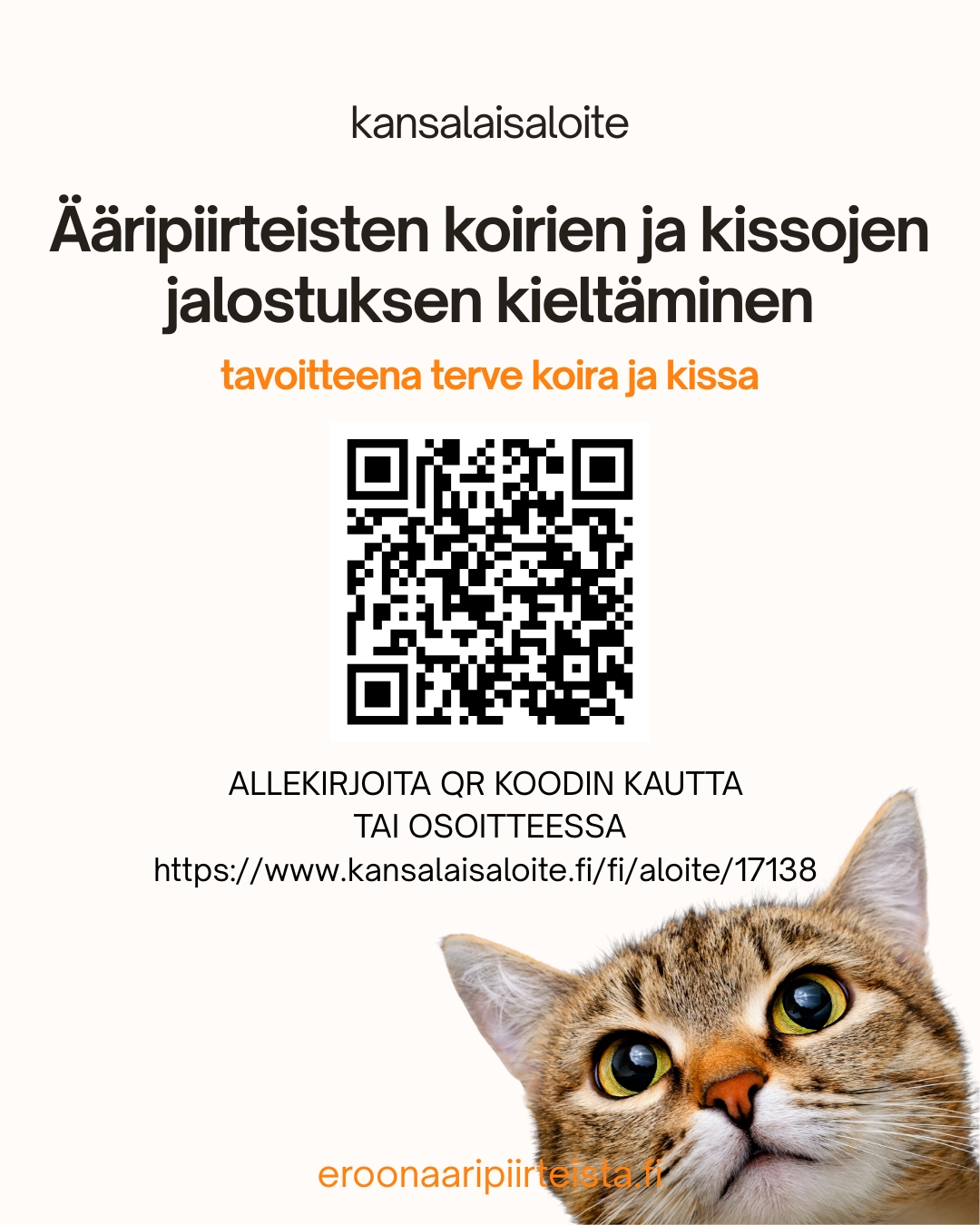Eroon ääripiirteistä -kampanja. Tulostettava QR-koodillinen kuva, jossa kissa.