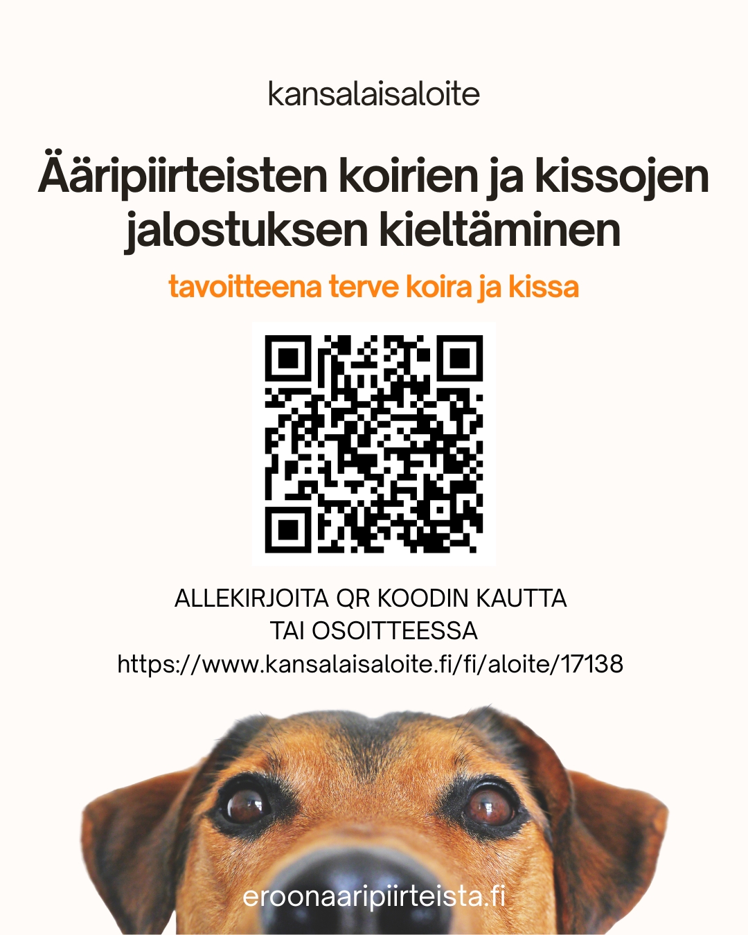 Eroon ääripiirteistä kampanja. Tulostettava QR-koodillinen kuva, jossa koira.