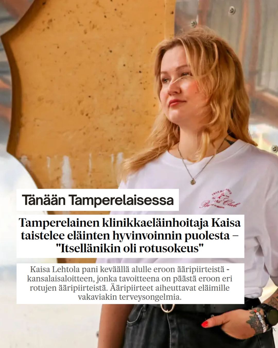 Tamperelainen lehdessä artikkeli Eroon ääripiirteistä kampanjasta. Kuvassa aloitteen vireillepanija Kaisa Lehtola.