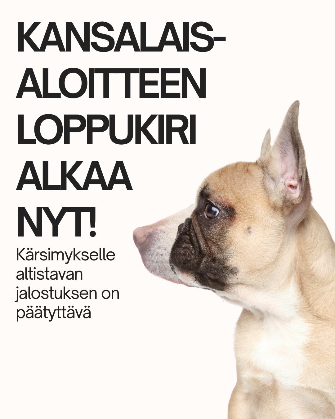 Eroon ääripiirteistä kampanja Kuvassa on mopsin sivuprofiili jonka takana näkyy normaalikalloisen koiran kuono. Ero kuonottoman ja normaalirakenteisen koiran välillä, on hätkähdyttävä.