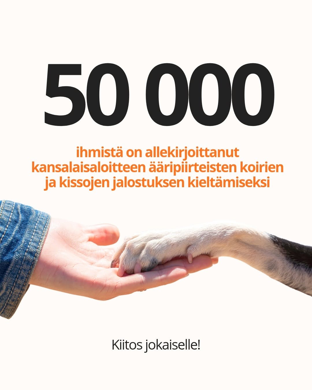 Kuvassa on luku 50 000 ja sen alla käsi, jossa lepää koiran tassu.